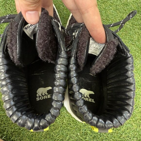 Sorel Brex Ankle Boots Womens Size 9 Lace Up Black Leather Fleece White Heel - Picture 8 of 9